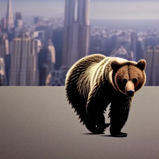 Prompt: a grizzly bear wearing a tuxedo walking on its hind legs through a major metropolis, cinematic, realistic