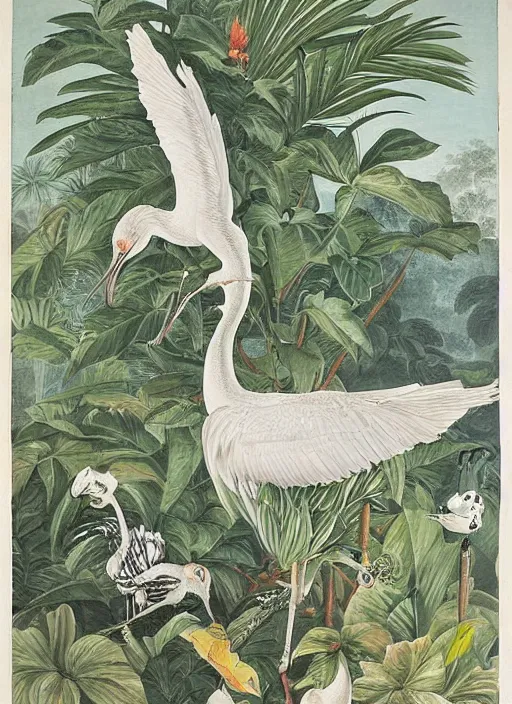 Prompt: tiger, white crane, tropical plants, botanical, large exotic flowers, biology, realistic, painted by john audubon