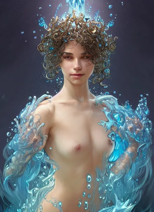 Image similar to a cute water elemental, with hands and hair turning into water, fantasy, intricate, elegant, highly detailed, digital painting, artstation, concept art, wallpaper, smooth, sharp focus, illustration, art by artgerm and greg rutkowski and alphonse mucha