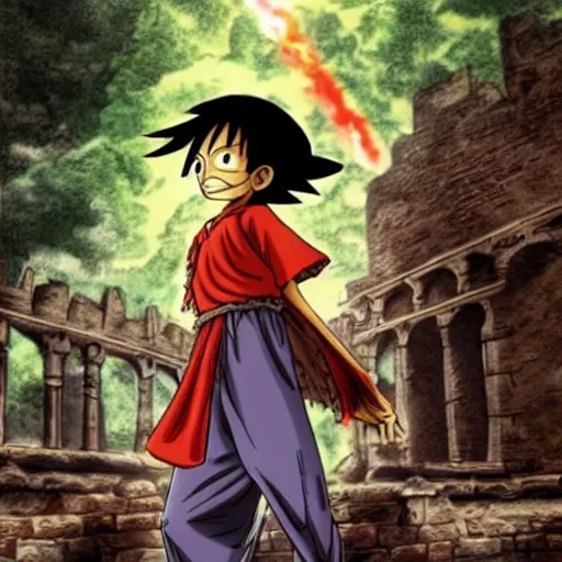 Image similar to luffy in the harry potter universe far away at some ruins from a castle. a wizard is already there and summons a portal that would take me back home.