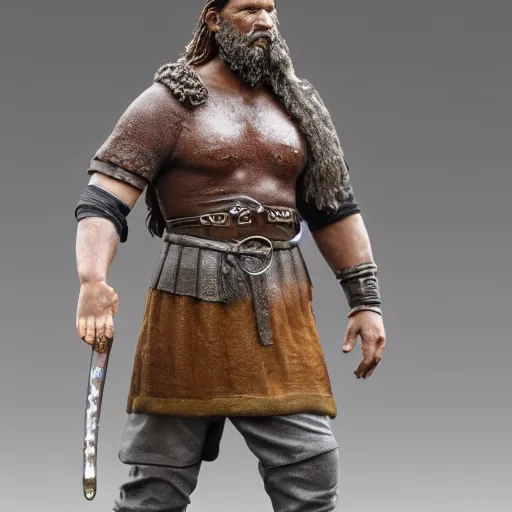 Image similar to of a 3d clay model of a viking from valhalla, ultra fine detail, hair strands, ultra high resolution, fine texture detail, miniature painting techniques, perfect proportions, marvel cinematic universe, eric bana