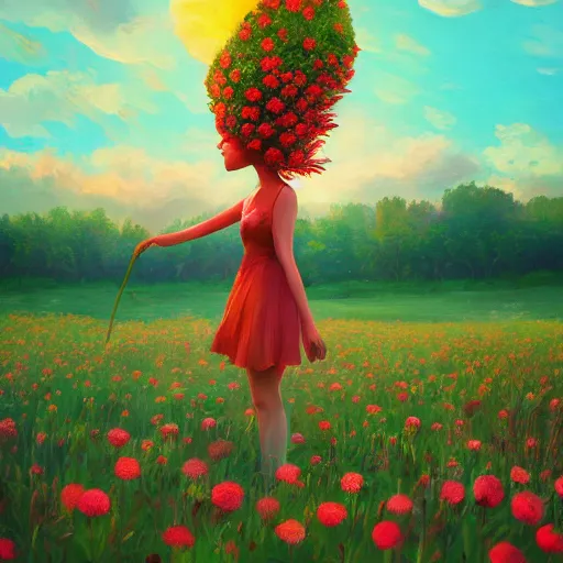 Image similar to giant rose flower head, full body girl sitting in a flower field, surreal photography, sunrise, dramatic light, impressionist painting, colorful clouds, digital painting, artstation, simon stalenhag