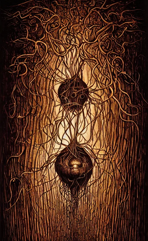 Prompt: portrait of lovecraftian onion surrounded by beams of light dark background by wayne barlow, stanley donwood, anton semenov, zdzislaw bekinski, hr giger, 8 k, fantasy, dark, highly detailed