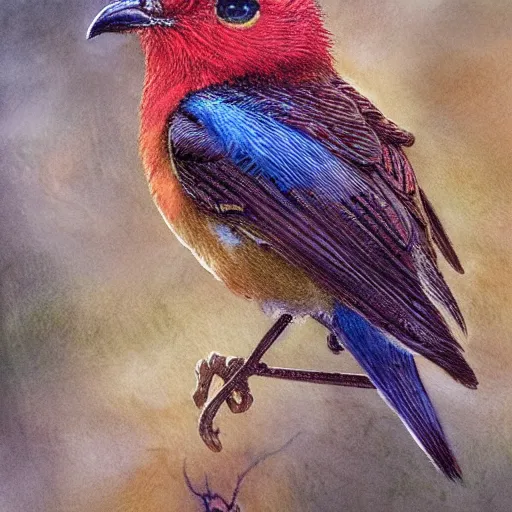 Prompt: camera photo of a colorful small bird, golden crown, from overlord, close up, fantasy, intricate, elegant, highly detailed, digital painting, artstation, concept art, sharp focus, illustration, art by luis royo, wayne barlowe, kirsi salonen, asya yoranova and alan lee