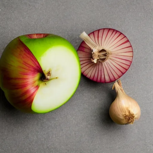 Image similar to scale with one apple in one side and one onion in the other