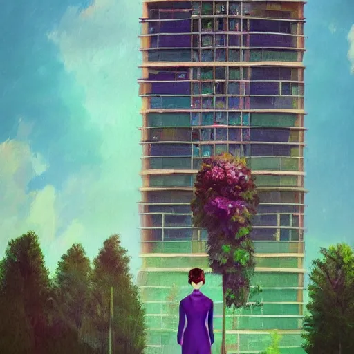 Prompt: huge flower as head, woman in suit standing by tall windows, modernist luxury apartment, surreal photography, sunlight, impressionist painting, digital painting, artstation, simon stalenhag