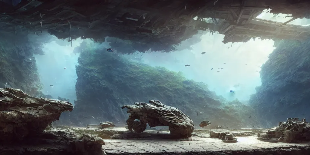 Prompt: a transparant aquarium on a table, inside a beautiful landscape, outside a destroyed city, digital art, fantasy art, octane render, ureal engine, high detail, very realistic, by greg rutkowski. by james gurney