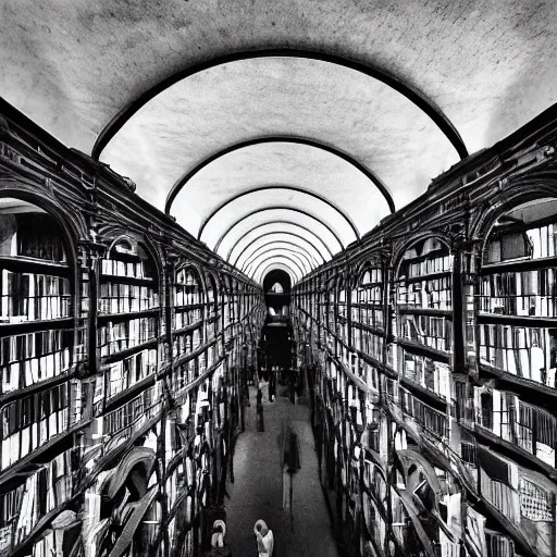 Image similar to “lost in a vast winding and overlapping labyrinth that is Powell’s City of Books. High arches platforms and catwalks are sunlit in this Creepy liminal photo. Hyperrealistic, benchmark resolution photo”