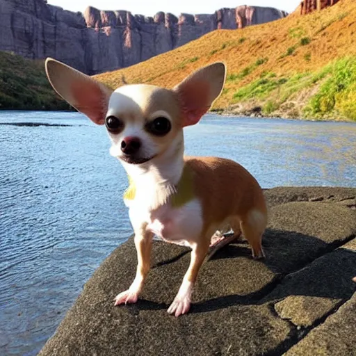 Prompt: chihuahua relaxing near river