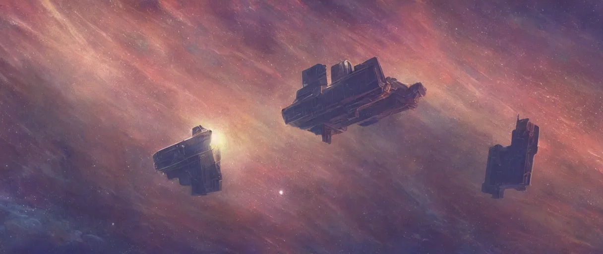 Image similar to concept art, a single lonely spaceship drifting in space, exploring, the expanse tv series, industrial design, lost in the immensity of space, spatial phenomena, cinematic lighting, 4k, greebles, widescreen ratio, wide angle, beksinski, sharp and blocky shapes