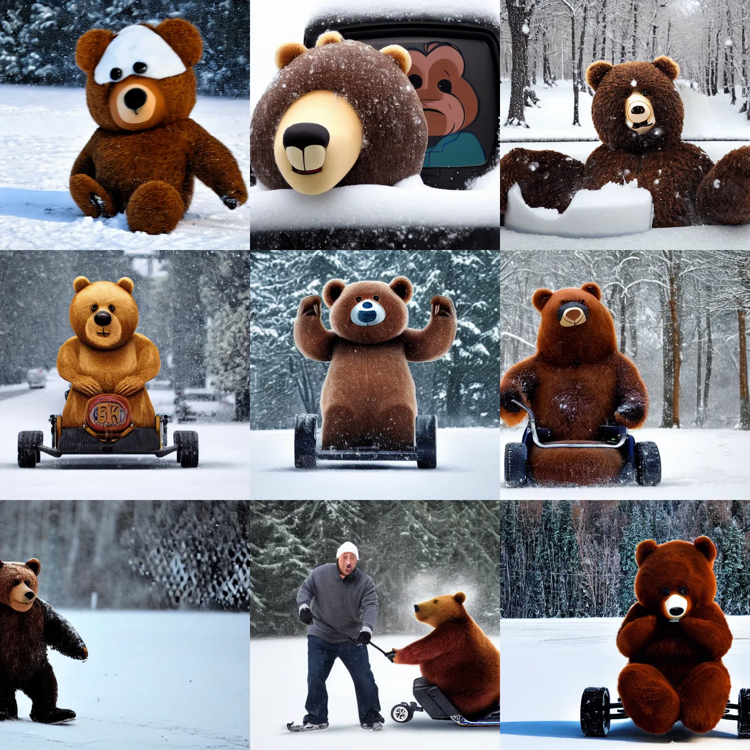 Prompt: anthropomorphic bear that looks like human nicolas cage face caricature driving zamboni in snow, photography 4 k