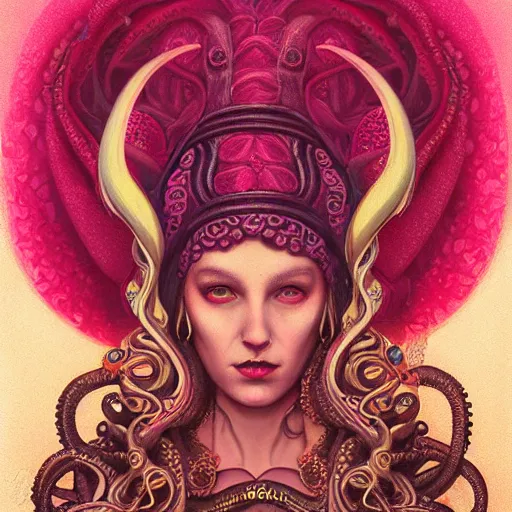 Prompt: queen of octopus, portrait, pink and gold, nouveau, beautiful, by Anato Finnstark, Tom Bagshaw, Brom