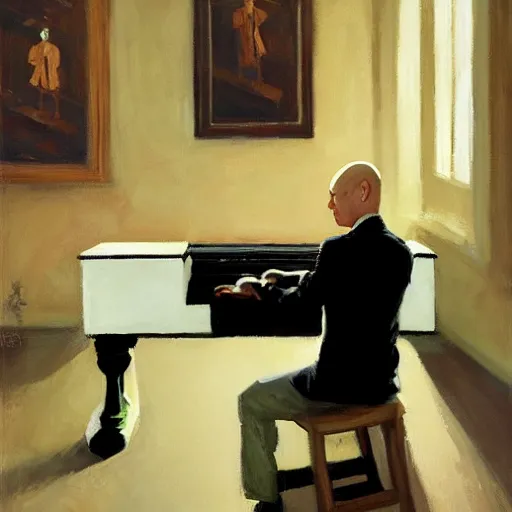 Prompt: a portrait of agent 4 7 playing a piano next to a white coffin in a monestary by gregory manchess, james gurney, james jean