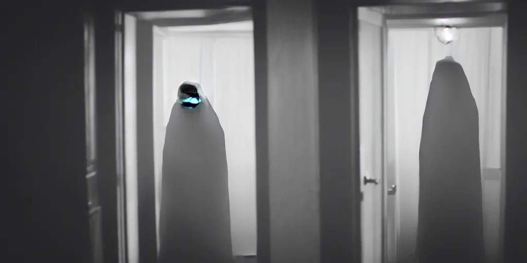 Image similar to a still shot of a scary male ghost in a hotel room, horror