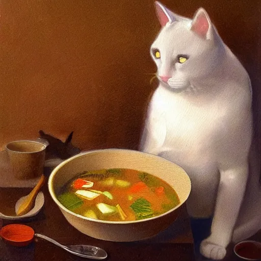 Image similar to the cat cooks soup, stirring a pot with a ladle, oil painting, drawn by Leonardo Da Vinci, trending in Artstation, artstationHD, 4k