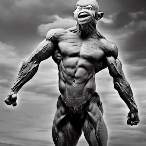 Image similar to Gollum is a jacked muscle builder gigachad, grayscale photography