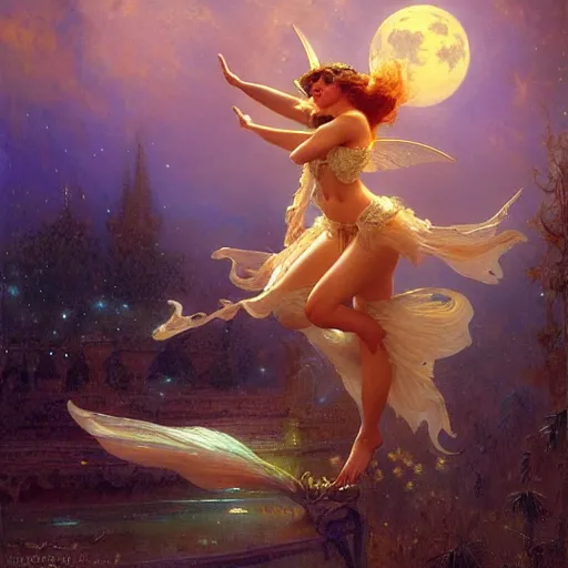 Image similar to attractive fairy magically floating high in the night, fantasy, full moon in background. highly detailed painting by gaston bussiere, craig mullins, j. c. leyendecker, mid shot, 8 k