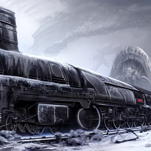 Prompt: an intricate futuristic black steam train and a giant mammoth, post - apocalyptic ice landscape with heavy snow, concept art, artstation, highly detailed, digital art