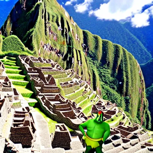 Image similar to Shrek in macchu picchu