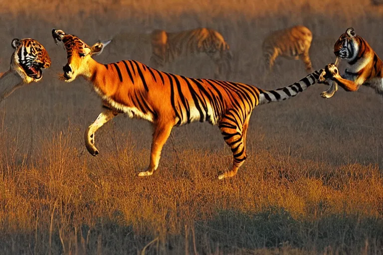 Image similar to antelope eating a tiger, golden hour, 6 0 0 mm, wildlife photo, national geographics