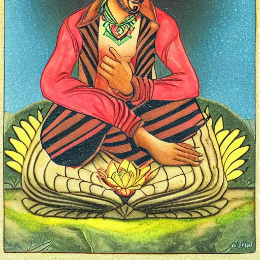 Image similar to mexican vaquero seated lotus position, persian folklore illustration