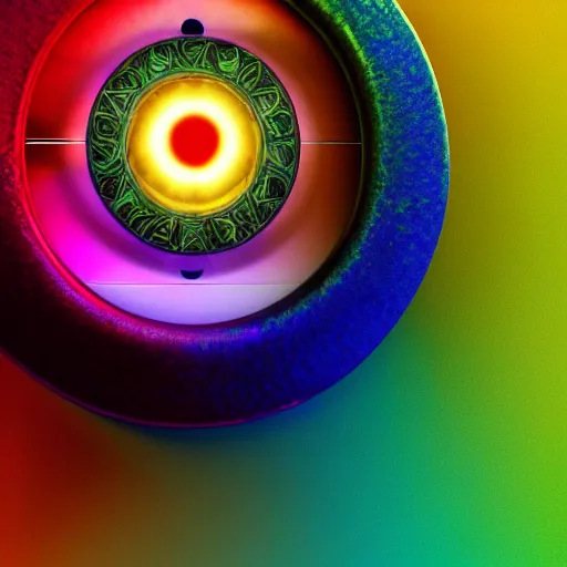 Image similar to still of rainbow ophanim, wheel, bird wings, giant eyeball, biblical accurate angel, mythological, 8 k, octane render, 3 5 mm, amazing details, beautiful composition