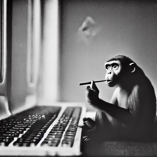 Prompt: a monkey writing a bestseller on a 8 0 s computer, smoking a cigarette. dark noir room. black and white. 1 9 2 0 aesthetic. old film grain. soft light from a table lamp. high detailed film look.