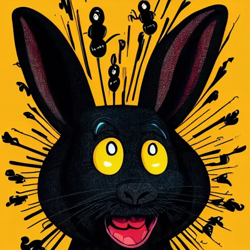 Image similar to A extremely highly detailed majestic hi-res beautiful, highly detailed head and shoulders portrait of a scary terrifying, horrifying, creepy black cartoon rabbit with scary big eyes, earing a shirt laughing, hey buddy, let's be friends, in the retro art style of Walt Disney