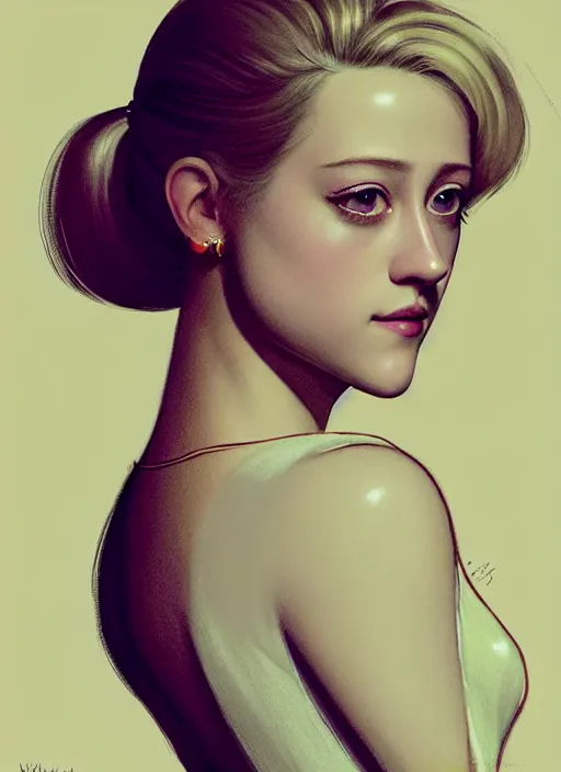 Image similar to portrait of lili reinhart with fluffy bangs, bangs, 1 9 6 0 s, ponytail, curly bangs and ponytail, rounder face, intricate, elegant, glowing lights, highly detailed, digital painting, artstation, concept art, smooth, sharp focus, illustration, art by wlop, mars ravelo and greg rutkowski