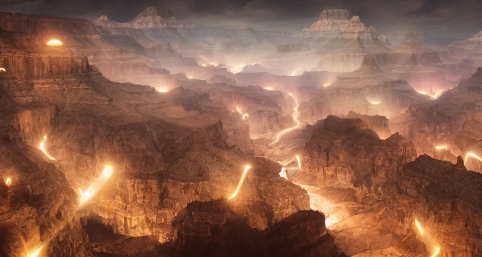 Image similar to night, a lot of people and a spiral - shaped white luminous attractor is floating in grand canyon, concept art, art for the game, professional lighting, art