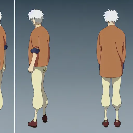 Image similar to a reference sheet containing three pictures of a hero by ghibli studio, front back view and side view, proportions, ready to model,