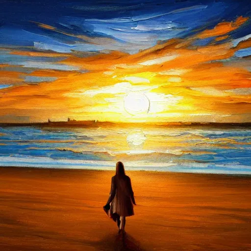 Prompt: lonely young woman wandering a beach at sunset, stylized, oil painting, warm lighting, city skyline
