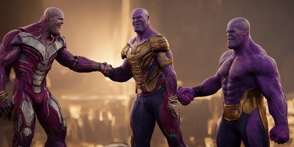 Image similar to a octane render jimmy donaldson in marvel shaking hands with thanos, by waya steurbaut entertainment, dark, intricate, highly detailed, smooth, artstation, high resolution film render 100k, photo realistic style, epic, colourful, close up shot, 3D