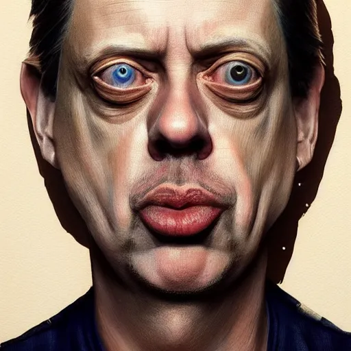 Image similar to hyperrealistic mixed media painting of steve buscemi, perfect facial symmetry, dim volumetric lighting, 8 k octane beautifully detailed render, post - processing, portrait, extremely hyper - detailed, intricate, epic composition, brown eyes, highly detailed eyes, realistic eyes, masterpiece, trending on artstation, very very detailed, stunning,