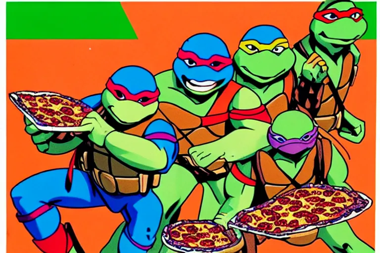 Prompt: 80s, teenage mutant ninja turtles, pizza, advertisement