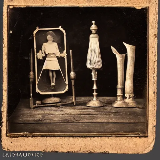 Image similar to Tintype photograph of a magical objects displayed in an ethnographic museum, archive material, anthropology, 1920s studio lighting.
