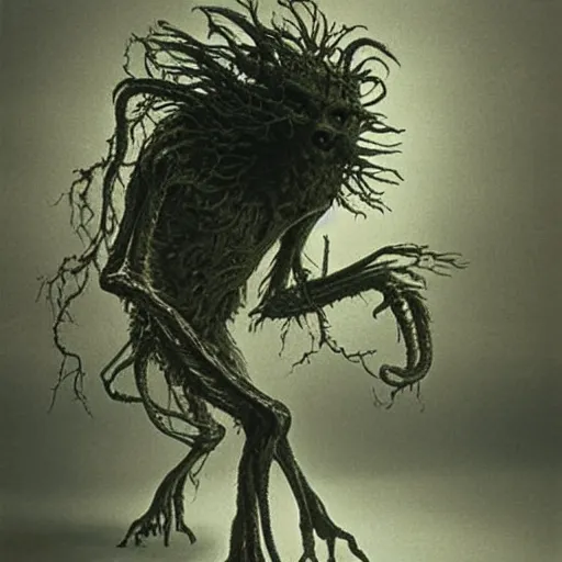 Image similar to a hyper detailed filmic realistic atmospheric full body backlit establashing wide shot 30mm color photograph of the alien organism creature rom The Thing 1982 with a snarling gorey mouth and limbs that are bundles of shape shifting alien tendrils decapitating a male 70-year-old doctor wearing a blue lab coat under dreary fluorescent lights in the style of a horror movie still