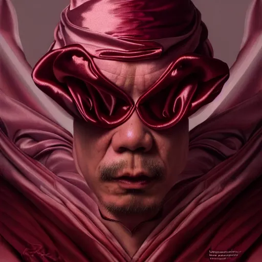 Prompt: chaotic burgundy satin ribbons instead of skin build image of strange dangerous mystic face, moebius, bao pham, donato giancola, larry elmore, masterpiece, trending on artstation, featured on pixiv, cinematic composition, beautiful lighting, sharp, details, hyper - detailed, hdr, 4 k, 8 k