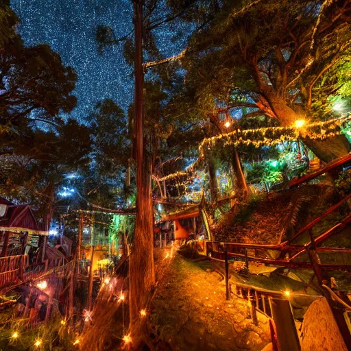 Image similar to professional photo of a tree top town similar to level of donkey kong country, by discovery magazine, night time with lights inside houses, real life, photorealistic, soft focus, long exposure