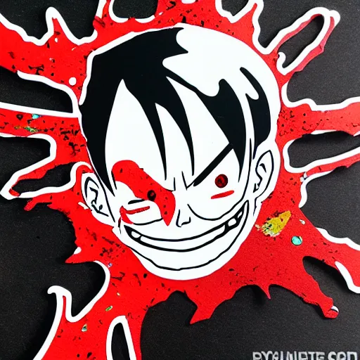 Image similar to die cut sticker, luffy gear 5, splatter paint on paper