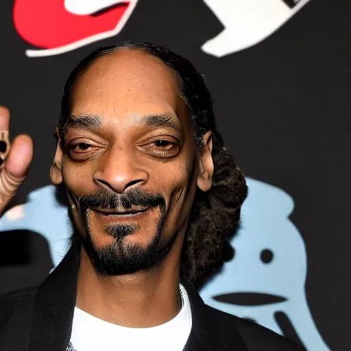 Image similar to Snoop Dog with big eyes eye color red , smiling and holding a joint in his hand