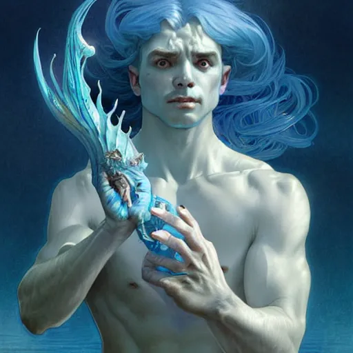 Image similar to surprised blue merman D&D creature, looking down at own hand, wide angle shot, fantasy, intricate, elegant, highly detailed, digital painting, artstation, smooth, sharp focus, illustration, art by artgerm and greg rutkowski and alphonse mucha