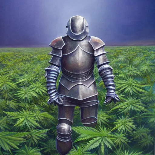 Prompt: a detailed oil painting of a full armored knight, dancing in a field of cannabis plants