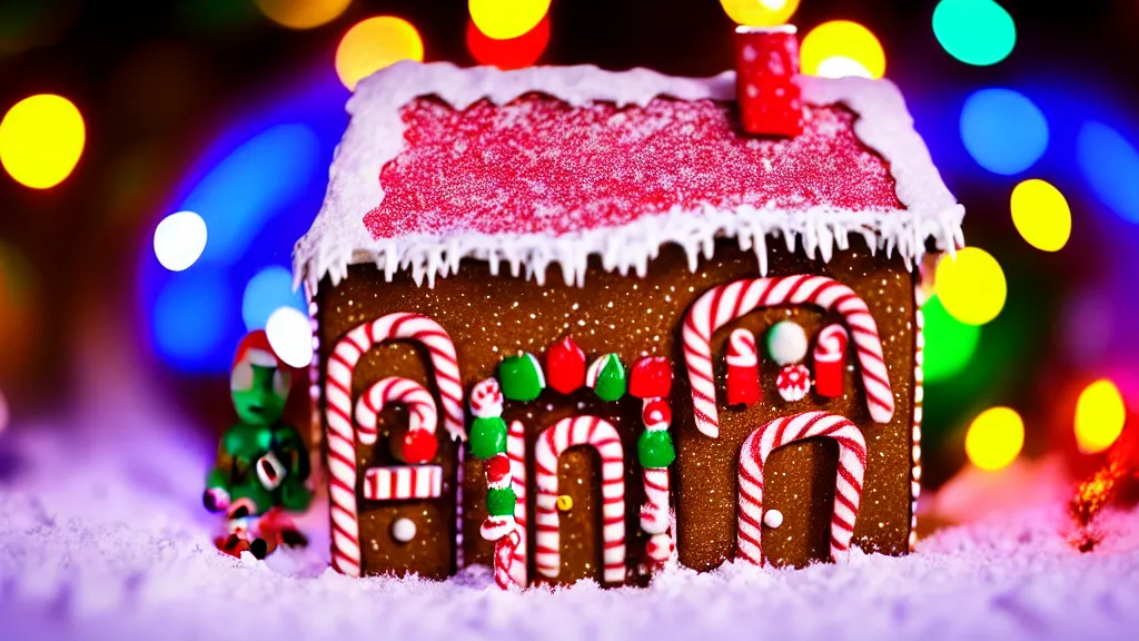 Prompt: closeup of colorful miniature gingerbread house at night, gingerbread people!!!!!!, candy canes, forest, christmas, snow, claymation, bokeh, depth of field 1 0 0 mm, cinematic scene, studio quality, visually stunning, unreal engine, octane render