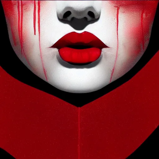 Image similar to lips sewn shut surrounded by red curtains by Conrad Roset and Nicola Samuri, close-up shot, rule of thirds, seductive look, beautiful, intricate, dystopian, sci-fi, extremely detailed, digital painting, artstation, concept art, smooth, sharp focus, illustration, intimidating lighting, incredible art, details visible, very dark ambiance