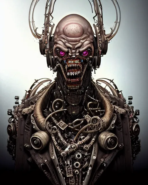 Image similar to front shot of a cyberpunk ugly epic dead biomechanical demon mastermind character, intricate, elegant, highly detailed, centered, (((artstation, concept art, smooth, sharp focus, artgerm, Tomasz Alen Kopera, Peter Mohrbacher, donato giancola, Joseph Christian Leyendecker, WLOP, Boris Vallejo))), mugshot!!!!!, ugly!!!!!!, octane render, nvidia raytracing demo, grainy, muted