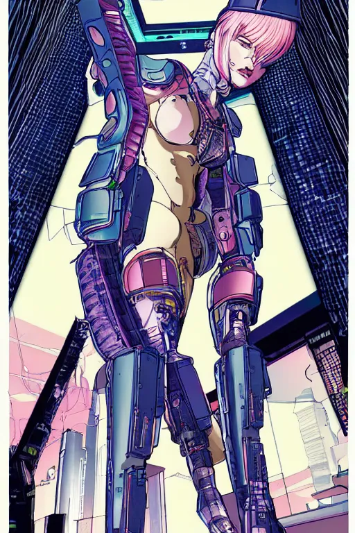 Image similar to cyberpunk illustration of female android motoko kusanagi seen from the side, seated in the lab, with wires and cables coming out of her head and back, by moebius, masamune shirow and katsuhiro otomo, colorful, detailed