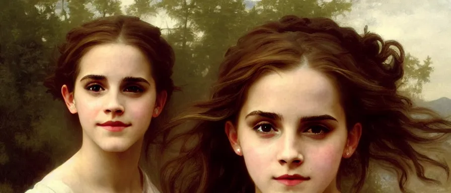 Image similar to Painting of Emma Watson as Hermione Granger. Smiling. Happy. Cheerful. Art by william adolphe bouguereau. Extremely detailed. Beautiful. 4K. Award winning.