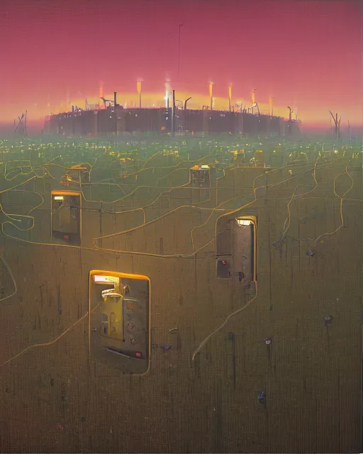 Image similar to corporate data theft by Simon Stålenhag and Grant Wood, oil on canvas