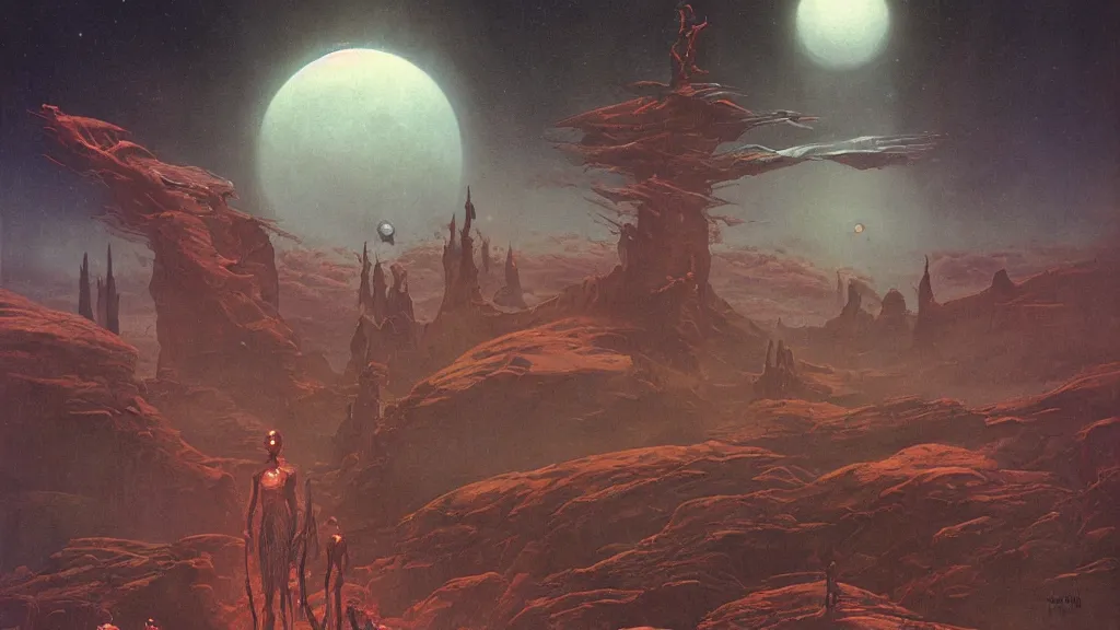 Image similar to eerie atmospheric evolving alien planet by gerald brom and vincent di fate, epic cinematic matte painting